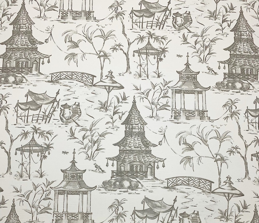 LACEFIELD DESIGNS PAGODAS BISQUE GRAY WHITE ASIAN TEMPLE FABRIC BY YARD 55″W