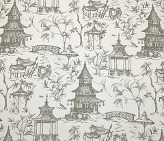 LACEFIELD DESIGNS PAGODAS BISQUE GRAY WHITE ASIAN TEMPLE FABRIC BY YARD 55″W