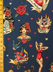 Don’t Gamble With Love Alexander Henry Fabric Pinup Girl Black Blue Tea antique
