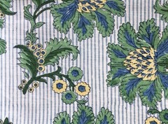 Cassandra Harper French Floral Indigo Green Striped Linen One And 3/4 Yard