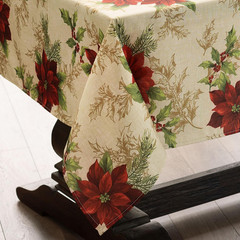 Home Fashions Festive Poinsettia Holiday Wrinkle Resistant Fabric Tablecloth, Mu