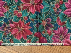 Hoffman Poinsettia Gold Edge Fabric Dark Pink Teal 1 yard + 22” VTG 58” wide