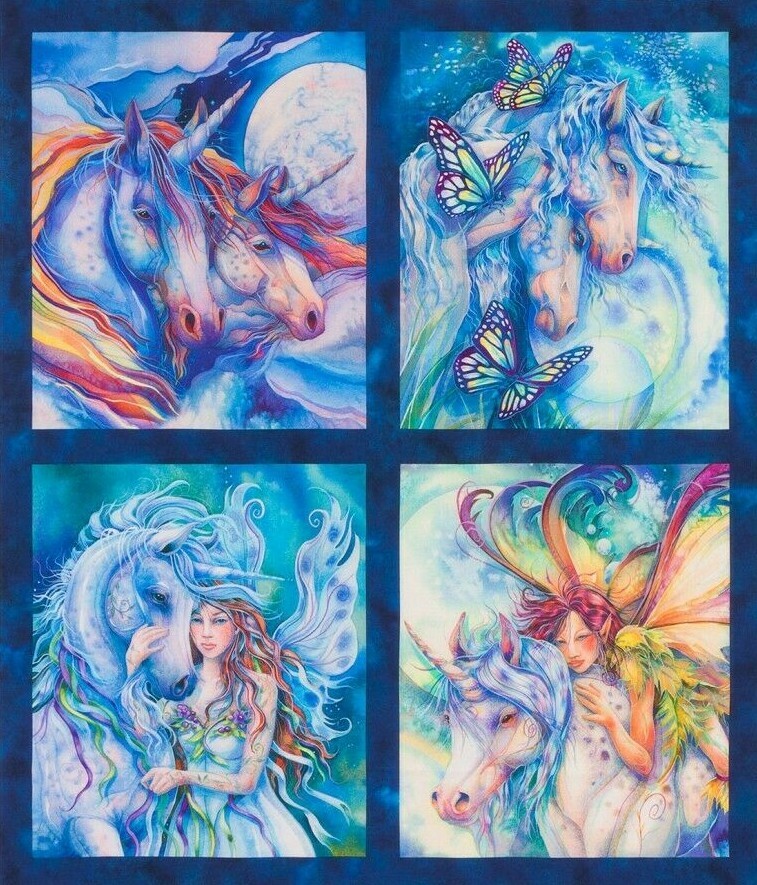 Fabric Unicorns Fantasy Wild Morningmoon Cotton 21″x24″ 4 Square Panel KAUFMAN
