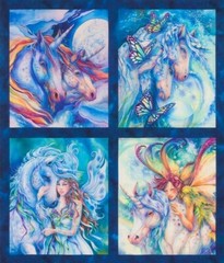 Fabric Unicorns Fantasy Wild Morningmoon Cotton 21″x24″ 4 Square Panel KAUFMAN
