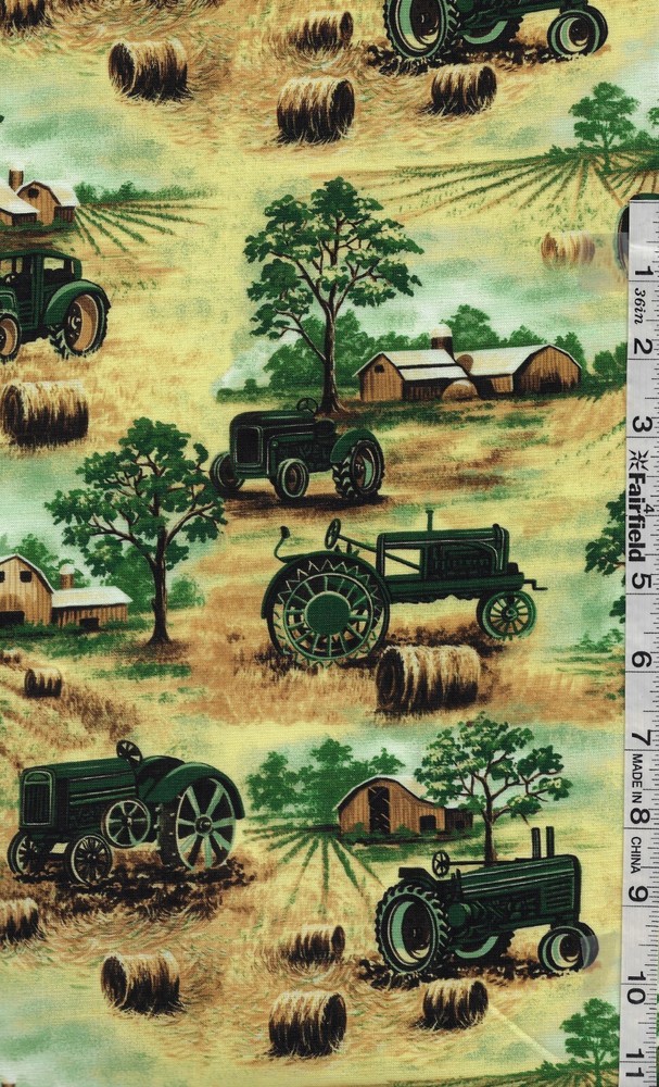 Multi Marigold Homestead Tractors & Barns by Camelot Fabrics bty