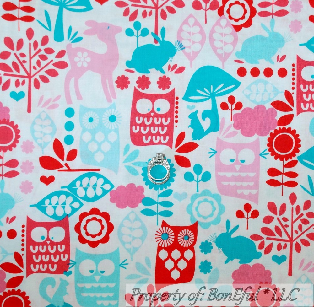 BonEful Fabric FQ Cotton Quilt White Red Pink OWL Bird Deer Flower Dot Mushroom