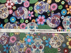 Day of the Dead Sugar Skull Cotton Fabric – Black Floral Print – 44” W X 30” L