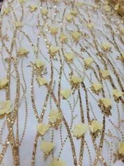 “Embroidered Fabric with 3D Flowers and Gold Lace – Sold by the Yard with Sequin
