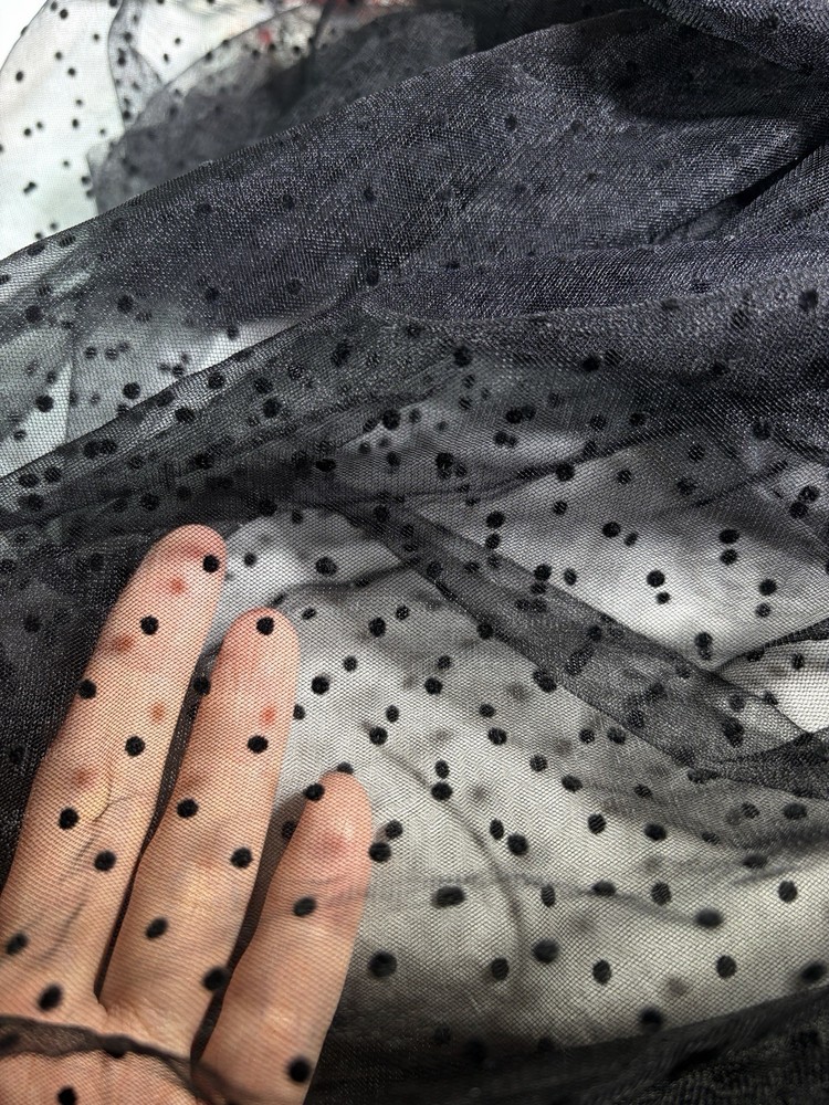 Black Flocked Polka Dot Tulle Fabric Sheer Mesh Lace Dress Craft 61”x50”