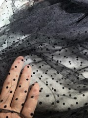Black Flocked Polka Dot Tulle Fabric Sheer Mesh Lace Dress Craft 61”x50”
