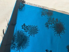 Vtg.silk fabric/material Peacock blue with Black Foral design, made in Hong Kong