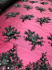 Black 3D Floral Lace Embroidered Rhinestones in a Mesh Lace Fabric By Yard