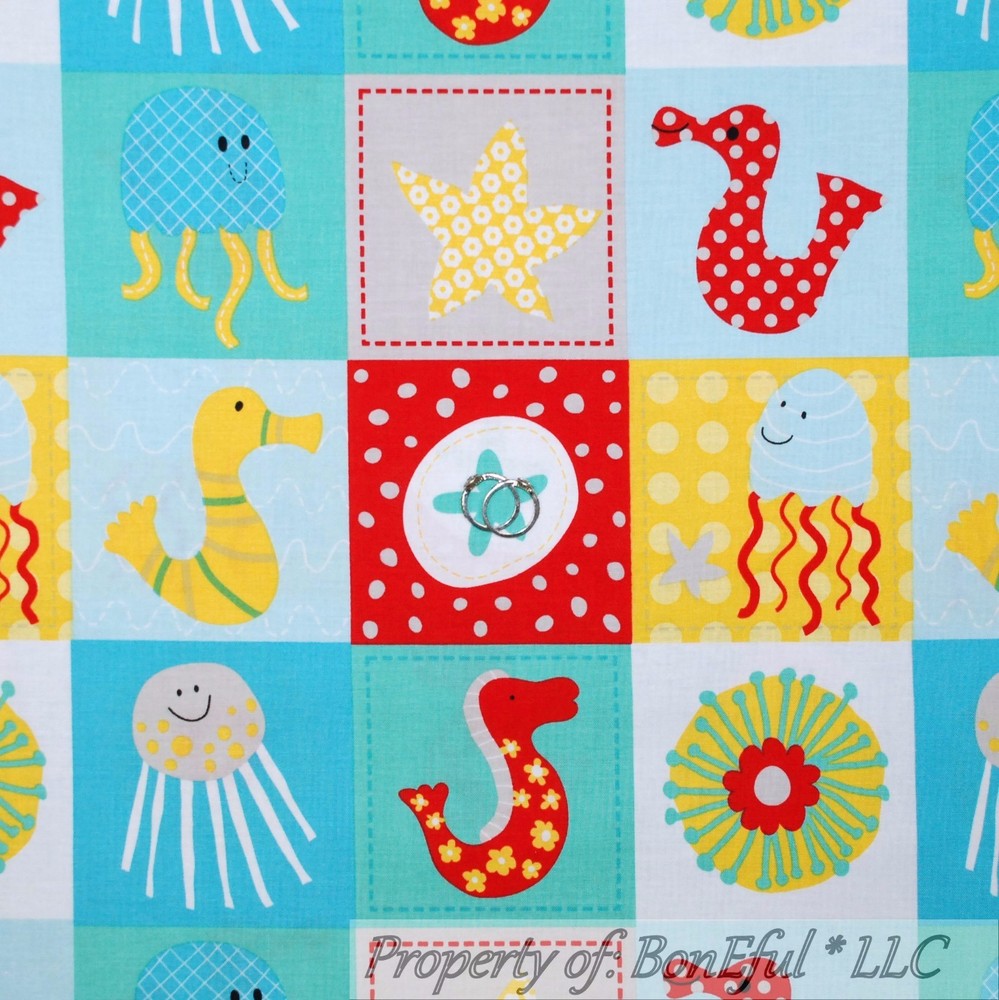 BonEful Fabric FQ Cotton Quilt Aqua Blue Star Jelly Fish Octopus Sea Horse Check