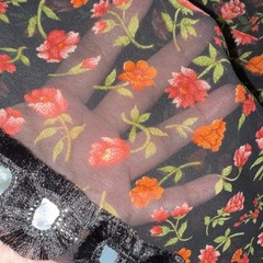 Sheer Black Floral Fabric with Red Orange Flowers