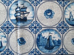 DEKOPLUS FABRIC 2.5 YDS~Blue & White Cotton~WATER SCENES FLORAL~Windmill~SHIP~