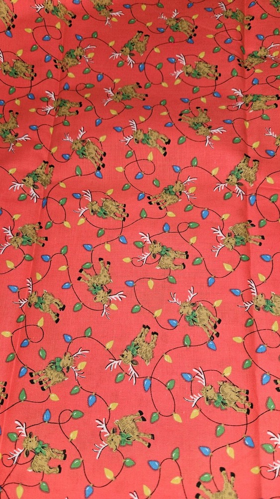 Cranston VIP Scattered Reindeer Christmas Print Cotton Fabric Red 2YDS X 45″