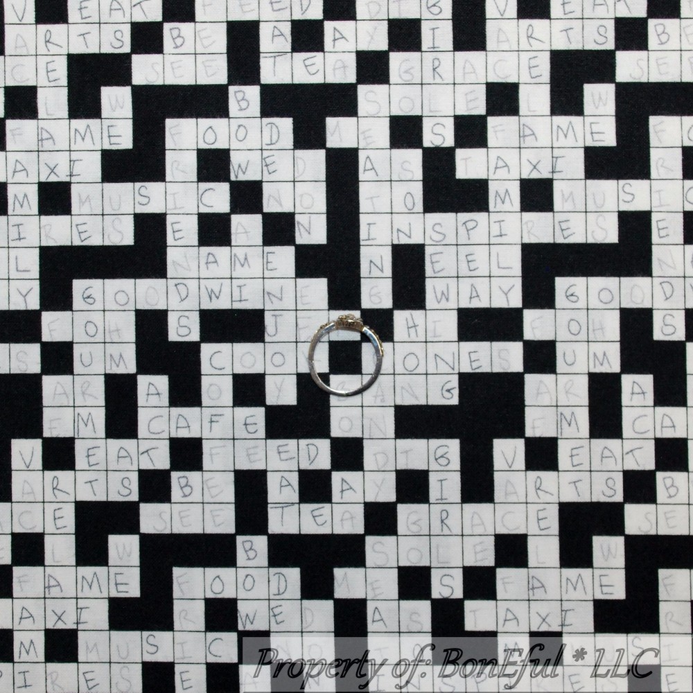 BonEful Fabric FQ Cotton Quilt Black White B&W Cross*word Puzzle VTG Game Stripe