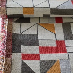Vtg MCM Arc/Com Upholstery Fabric “Apex” Pepper Red, Orange, Gray Geometric 4 yd