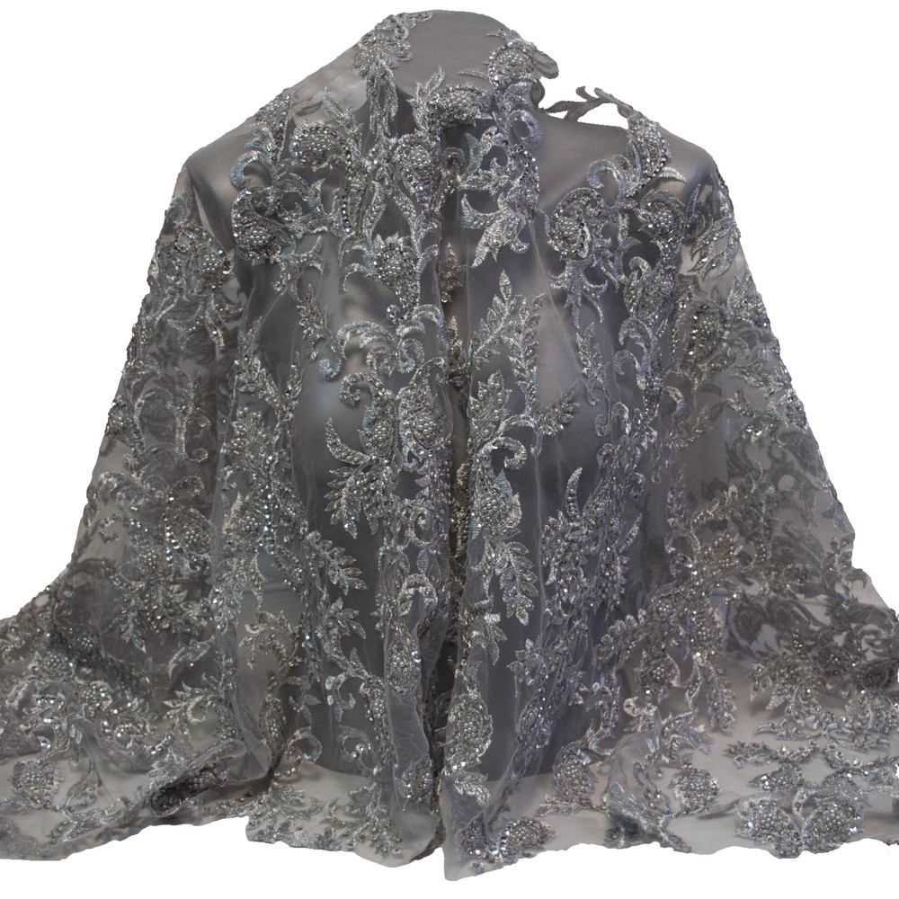 Designer silver embroider beaded and sequin lace fabric Remnant Made in Italy