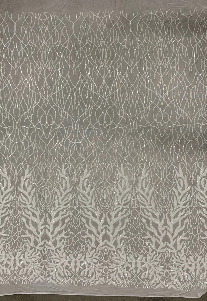 Frances WHITE Vines and Leaves Sequins on Mesh Lace Fabric by the Yard – 10153