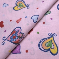 Playful Multicolor Heart Print Pink Poly Cotton Fabric 58″ By The Yard