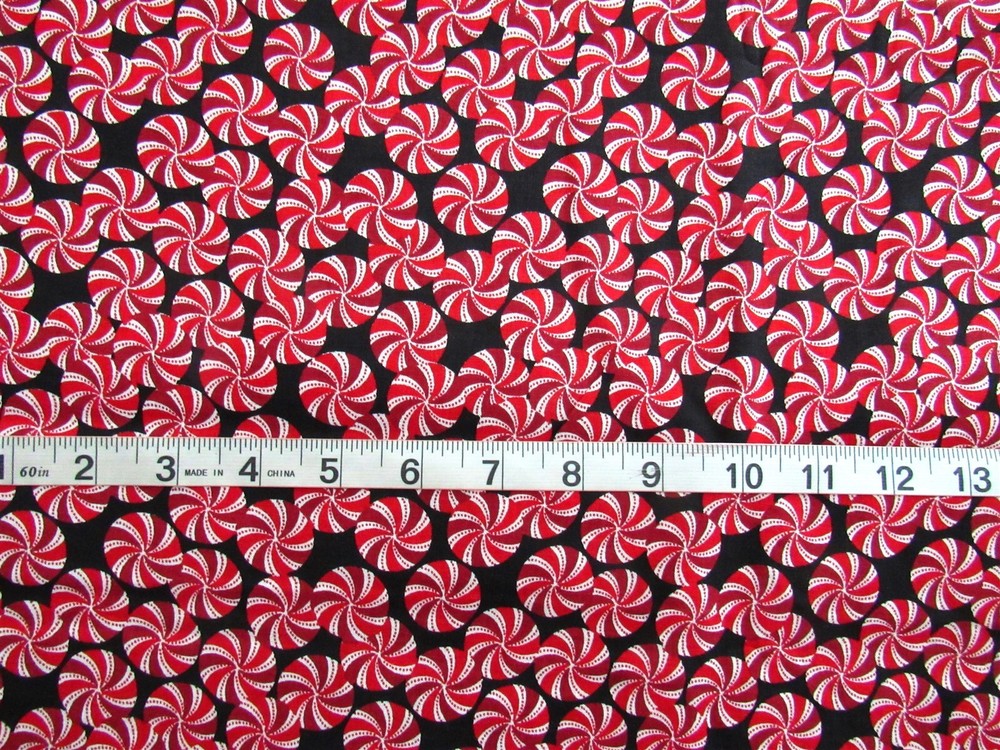 1 yd 100% Cotton Fabric Black with Red & White Peppermint Candies, JoAnn Fabric