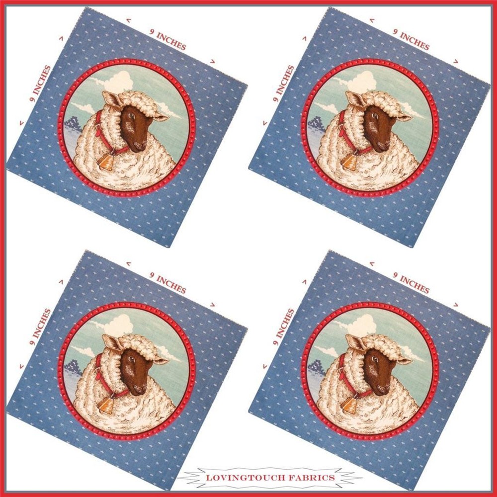 (FOUR) RARE CRANSTON FARM ANIMALS SHEEP FABRIC PANELS 9″ X 9″ EA. #A BLUE