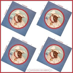 (FOUR) RARE CRANSTON FARM ANIMALS SHEEP FABRIC PANELS 9″ X 9″ EA. #A BLUE