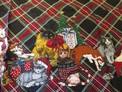 Cotton Blend FABRIC Hamil Textiles Christmas Cats Border on Tartan Plaid 1yd 34″