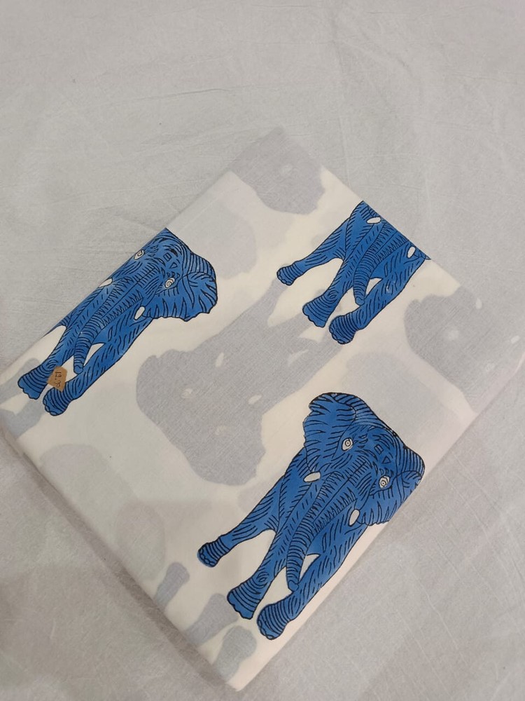 Indian 10 Yard Cotton Voile Handcrafted Hand Block Animal Print Blue Fabric