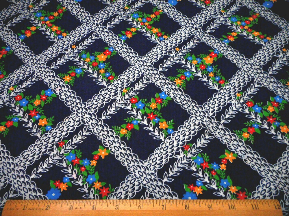 Floral Fabric 7/8 Yard SALE Red Yellow Blue Green White on Navy Cotton Vtg C
