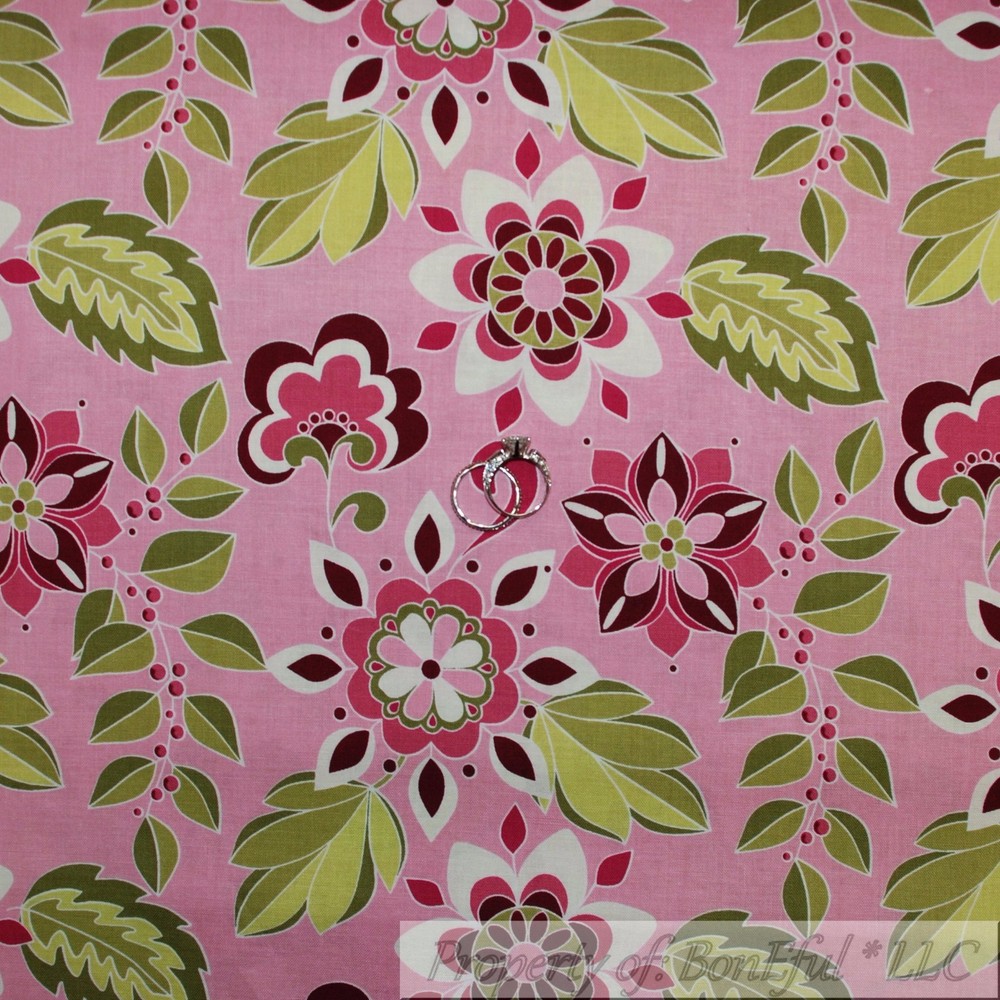 BonEful Fabric FQ Cotton Quilt Pink White Green Leaf Flower Summer Garden Print