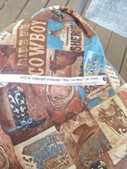 “Way Out West” Boots Sadle Cowboys Gun Rope Brown Blue fabric AYZ 1.25 Cotton