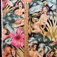 Alexander Henry Fabric Yd Mirage Sexy Pinup Island Girls Hibiscus Palm Leaves