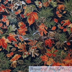 BonEful FABRIC FQ Cotton Quilt Black Brown Orange Gold Metallic Leaf Tree Branch