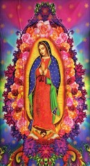 RK216 Our Lady of Guadalupe Psychedelic Virgin Mary Cotton Quilt Fabric Panel