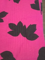 Raspberry Pink Ribbed knit fabric w/ Black leaves, soft & pretty 60“ x 1 3/4yds