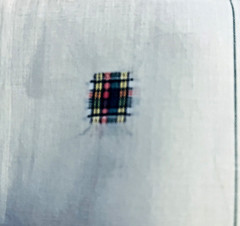 VTG Woven Red Green Yellow Plaid Squares on White Semi Sheer BTHY 60″ X 18″