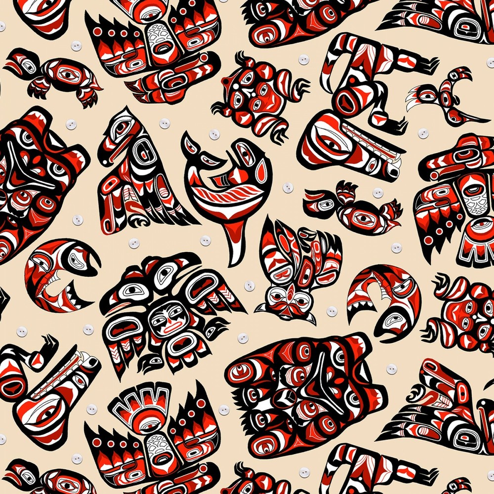 Fabric Native American Tribal Symbols Red on Tan Cotton ELIZABETH 1/4 yard 585T