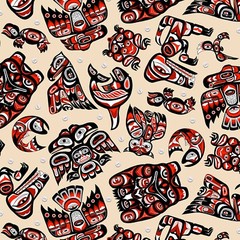 Fabric Native American Tribal Symbols Red on Tan Cotton ELIZABETH 1/4 yard 585T