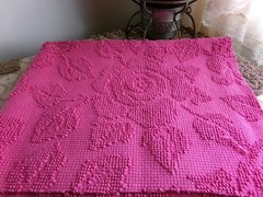 Fuchsia Pink Rose Vtg Woven Chenille Bedspread Fabric, Reversible Hobnail 20×25″