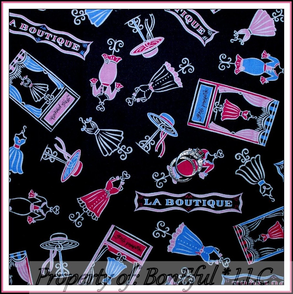 BonEful Fabric FQ Cotton Quilt Black Pink Purple B&W Diva Girl Make Up Hair SALE