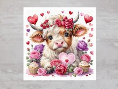 Valentines Heart Baby Highland Cow Fabric Panel Craft Sewing Quilt Block A566