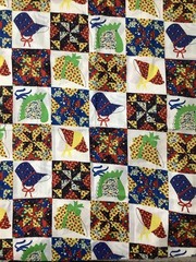 Retro Fabric Colorful Patchwork Cheater Quilt Piece 26” X 44”Bonnets Birds Red
