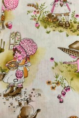 Vtg 70s Manes Cotton Blend Fabric Holly Hobbie Style Girls Pink Orange 2 Yds