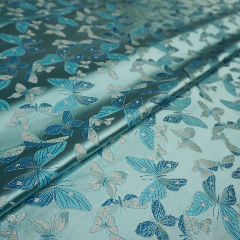 Light Blue Satin Silky Fabric Butterfly Printed 115cm Wide for Dress Sewing DIY