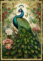 Art Nouveau Peacock Floral Designer Cotton Fabric Quilt Block Multi-size