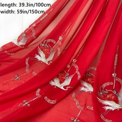 Retro Chiffon Fabric Embroidered Crane Floral Cloth Craft for Hanfu Curtain DIY