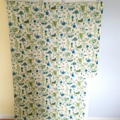 Vintage Kitchen Kitschy Cotton Fabric Cream Blue Green Pot Pan Bell Teacup 4 yds