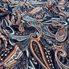 Blue and Orange Paisley Print Stretch Fabric 60″wide Swimsuit Spandex By Yard